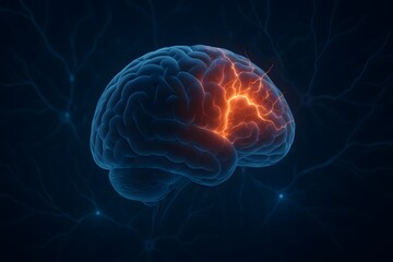 3d illustration of human brain with glowing electric activity and neuron network background