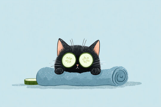 A playful black cat lounges on a blue towel, wearing cucumber slices over its eyes, embodying a delightful spa day atmosphere.