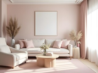 Blush Harmony A Serene Living Room Interior with Pastel Accents, Chic Furniture, and Elegant Textile Design for a Modern and Comfortable Home Decor.