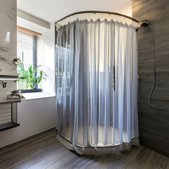 Modern Bathroom with Curved Glass Shower and Sheer White Curtain