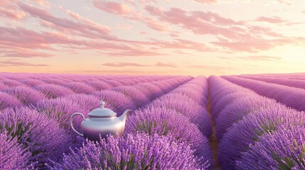 A silver teapot sits in a field of vibrant lavender at sunset.