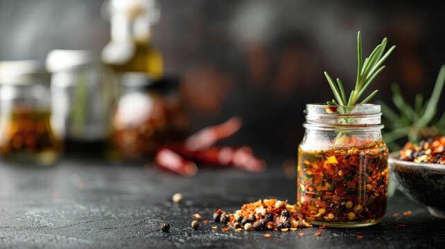 A close-up image of a glass jar filled with vibrant herbs and spices, beautifully arranged, evoking feelings of freshness and culinary creativity.