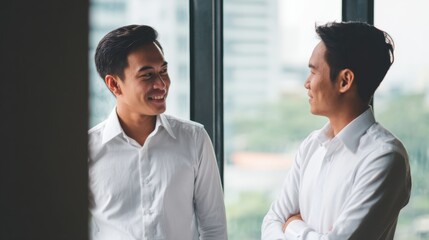 Two Asian Businessmen Smiling After Reaching Successful Office Agreement
