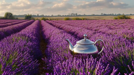 Shiny silver teapot amidst a vibrant lavender field.