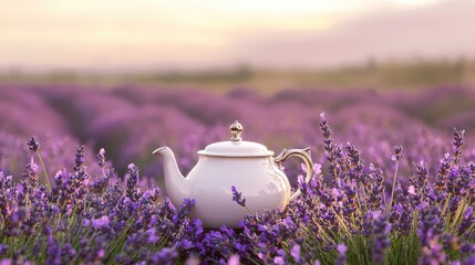 White teapot resting amidst a lavender field at sunrise.