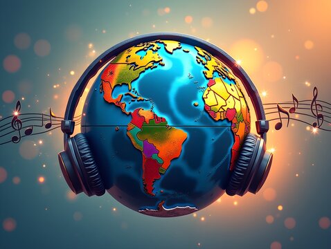 Colorful world music theme featuring earth globe with headphones and notes representing harmony and cultural connection