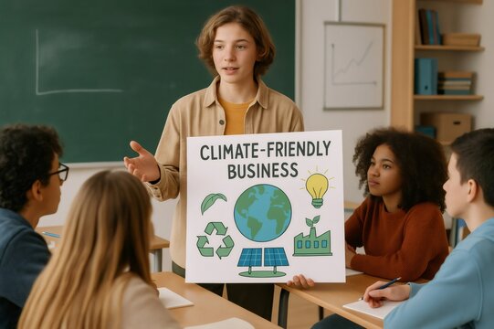 Young student holding a poster about climate friendly business and explaining it to his classmates in a classroom
