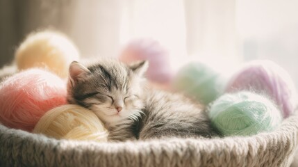 Fluffy Kitten Sleeping in Basket with Pastel Yarn and Sunlight
