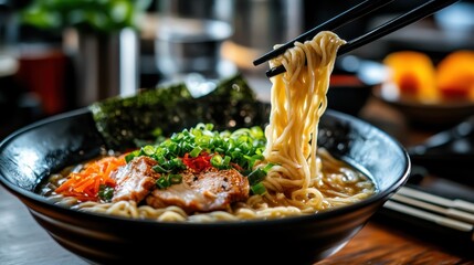 A tantalizing bowl of ramen showcases perfectly cooked noodles, garnished with vibrant toppings, highlighting the culinary art and flavor diversity of this beloved dish.