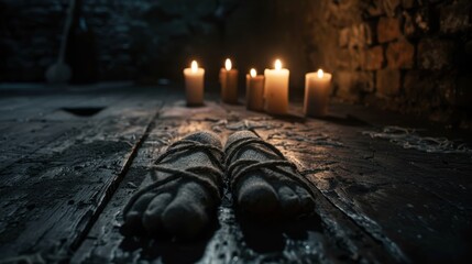 This evocative image captures a pair of tied feet resting on a wooden floor, surrounded by glowing candles that cast flickering shadows in a mysterious setting.