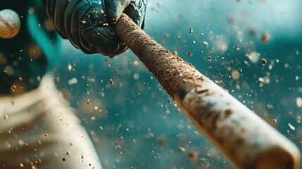 An action-packed close-up captures a baseball bat swinging, sending clouds of dust flying, emphasizing the thrill and energy of the game, full of motion and excitement.