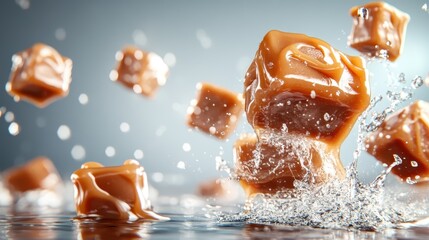 Delicious caramel cubes are splashing into water, creating a visual feast of texture and motion that invites indulgence in this appealing food photography composition.