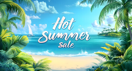 Hot summer sale promotional banner with tropical beach