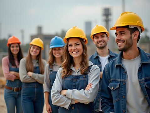 Confident Team Of Construction Workers Smiling On Job Site In Hard Hats