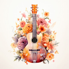 Watercolor Guitar Among The Love Of Flowers, clipart Illustration, Generative Ai