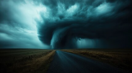 A captivating portrayal of a turbulent storm brewing over a deserted road, illustrating nature's power and the feeling of isolation.