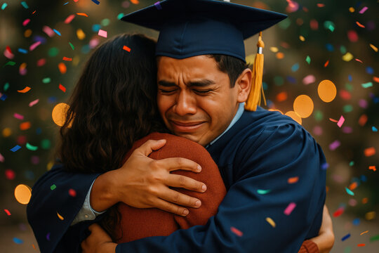 Emotional young graduate in cap and gown hugging loved one during celebration with colorful confetti and warm bokeh background - Powered by Adobe