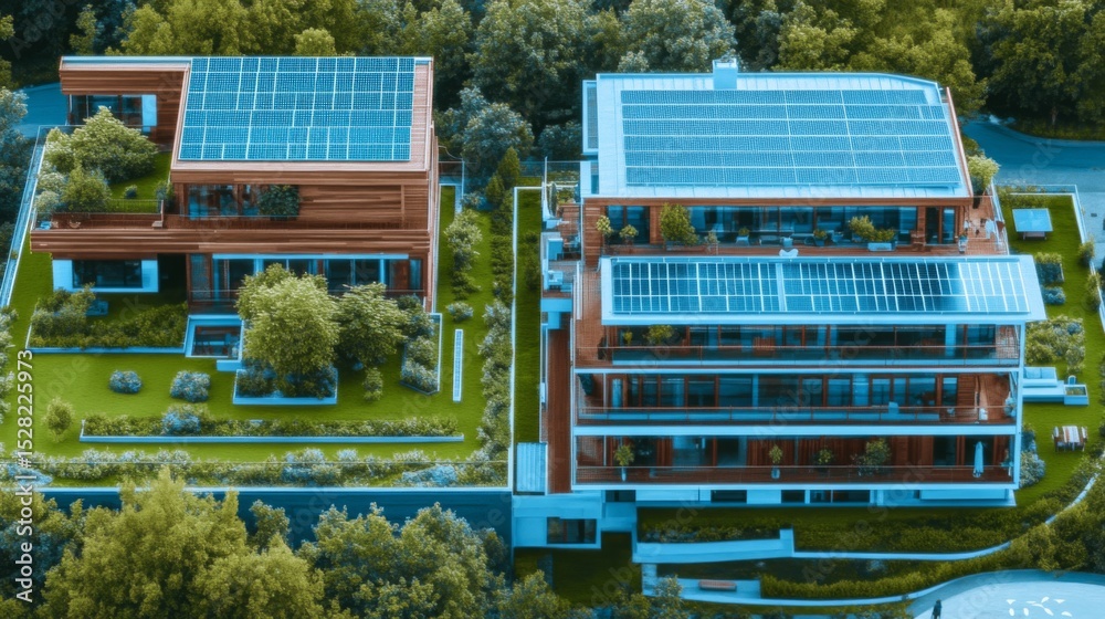 Poster two modern buildings equipped with solar panels highlight renewable energy solutions in a smart city