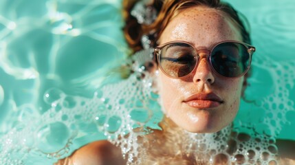 Fototapeta premium A serene woman floats underwater in a pool, surrounded by bubbles, enjoying the peacefulness of the moment, her sunglasses reflecting a sense of calm and relaxation on a sunny day.