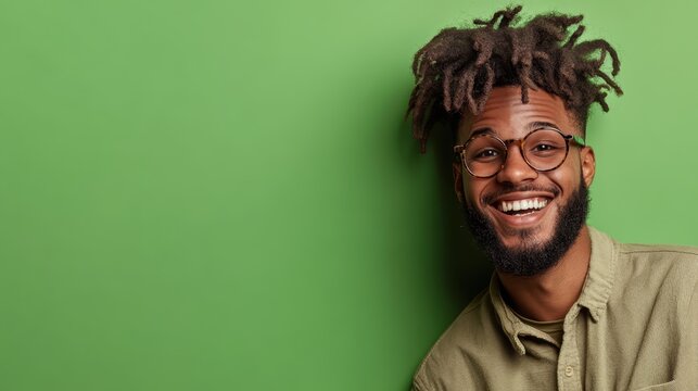 A joyful young man with dreadlocks smiles broadly in front of a vibrant green background, displaying confidence and positivity while embodying a contemporary, playful look.