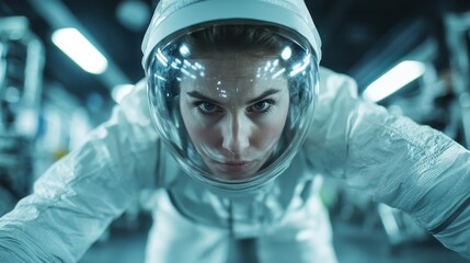 An intense astronaut gazes confidently at the camera in a high-tech setting, symbolizing exploration and the human spirit’s quest for discovery in an era of advanced technology.