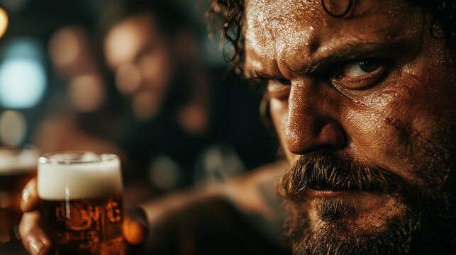 An intense man with a rugged appearance raises a beer in a lively bar setting, embodying the atmosphere of camaraderie and celebration among friends in a vibrant social scene.