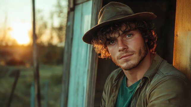 A reflective young man in a hat gazes into the distance from a rustic shed, capturing a moment of contemplation against a picturesque sunset backdrop. - Powered by Adobe