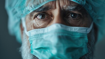 A close-up portrait of a caregiver with a mask and cap, emphasizing resilience and compassion in healthcare settings during challenging times faced by professionals.