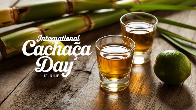 International Cachaca Day, Rustic wooden table displays traditional Brazilian cachaça drink setup.