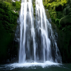 Obraz premium Serene Waterfall Cascading Down Mossy Rocks in Lush Green Tropical Setting