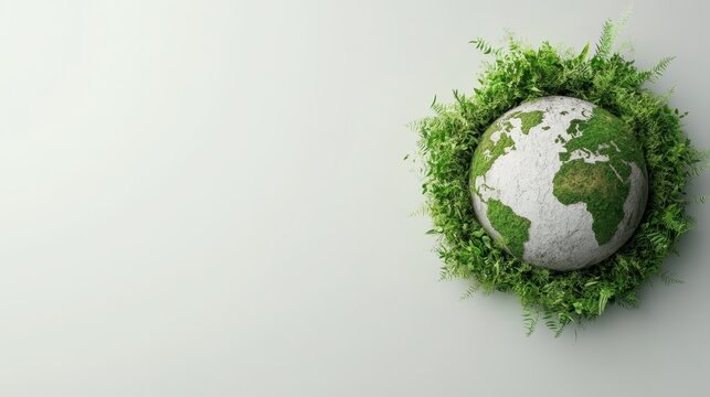 A stylized globe covered in greenery, symbolizing environmental awareness and sustainability, beautifully framed by vibrant foliage celebrating nature's beauty.