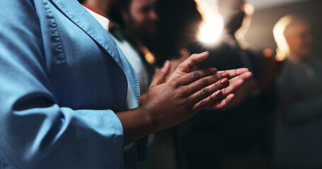 Group, celebration and applause for workshop, hands and success of training session and...