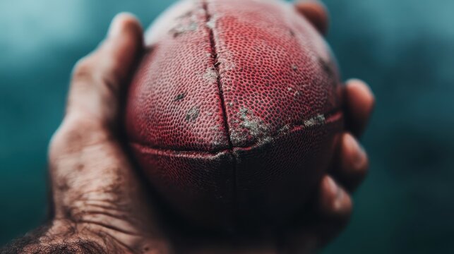 A hand gripping an old, worn football embodies the spirit of competition and nostalgia, reflecting heartfelt moments and passion associated with the sport.