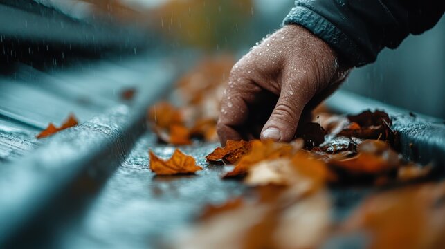A close-up of a hand gathering fallen leaves in a rainy environment, reflecting the beauty of nature, the passage of time, and the simplicity of seasonal changes.
