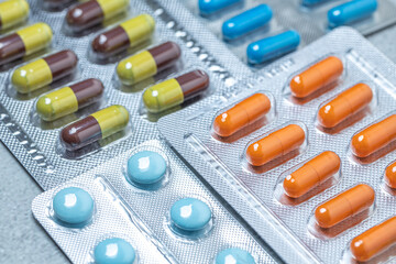 Variety of medicines and drugs.Medicine and healthcare concept.Variety of medicines and drugs.Medicine and healthcare concept.Pill for the prescription and treatment various diseases chemistry