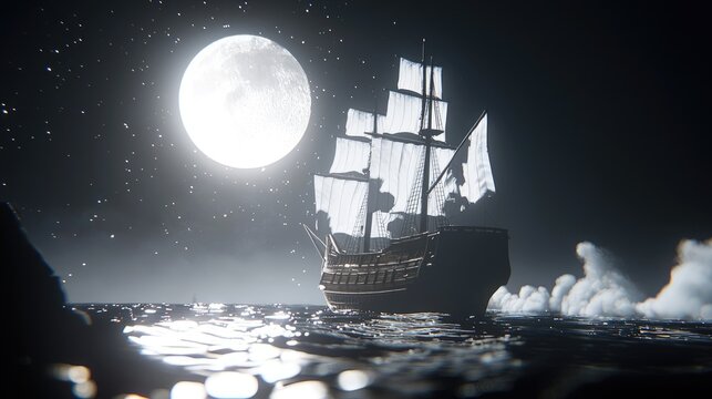 A large ship sails under a bright moonlit sky.