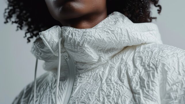 A model showcases a striking white jacket with a unique texture, emphasizing modern fashion trends and individuality in a stylish portrait against a minimalist background.