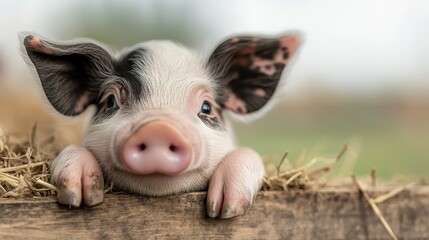 A charming close-up of an adorable piglet resting on hay bales, showcasing the cuteness of farm animals and the beauty of country life in a serene setting.