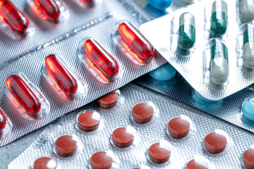 Variety of medicines and drugs.Medicine and healthcare concept.Variety of medicines and drugs.Medicine and healthcare concept.Pill for the prescription and treatment various diseases chemistry