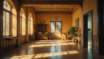 Bright Vintage Interior Room with Wooden Walls and Sunlight Streaming Through Large Windows