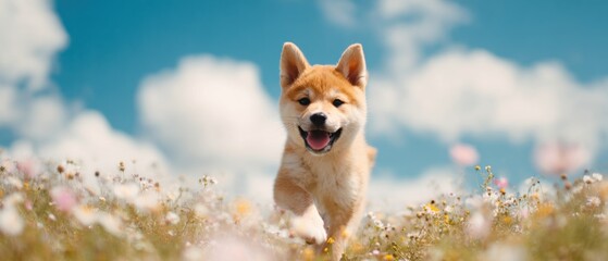 Shiba Inu Puppy Running Through Flower Field Under Sunny Sky