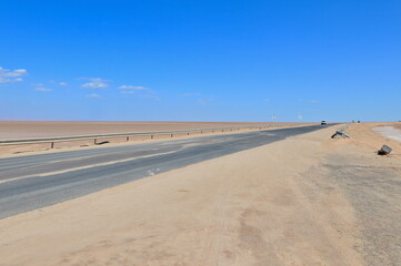 View of Road Crossing the Salt Flats at Chott el Djerid in Southern Tunisia