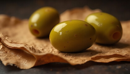 Green olives on textured brown paper with a rustic feel