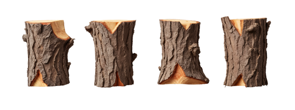 A set of four pieces of wood that have been cut in half.