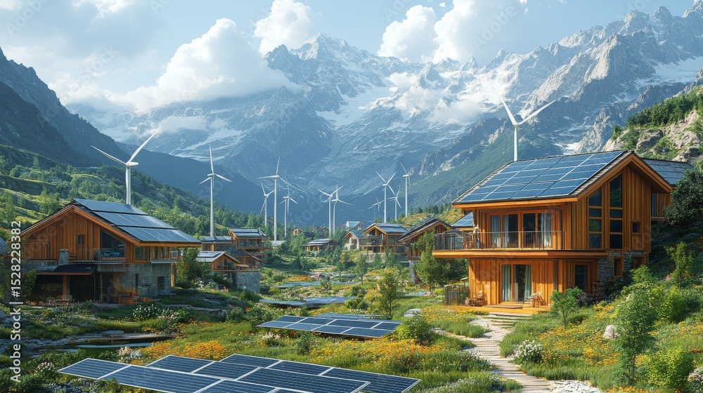 Aufkleber a vibrant community nestled in mountainous terrain utilizes renewable energy from wind turbines and 