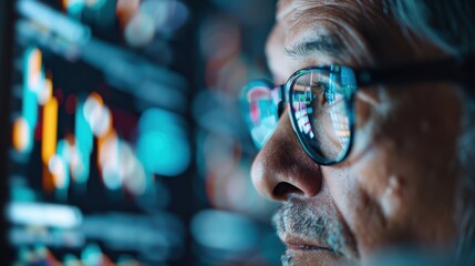 A middle-aged individual intently focuses on fluctuating market data displayed on a screen, embodying concentration and analytical insight in a digital landscape.