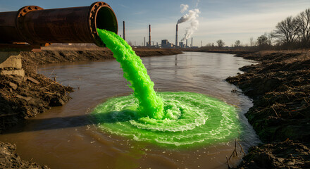Industrial Waste Discharge Polluting River Ecosystem Near Factory