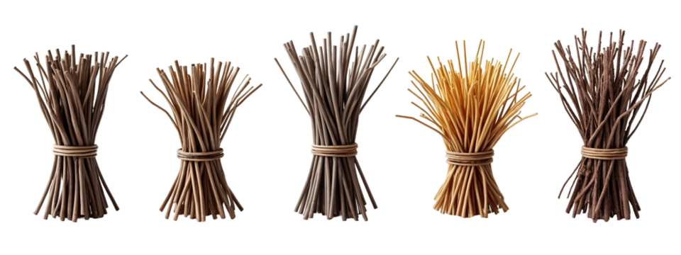 A bunch of twigs that are tied up in a row.