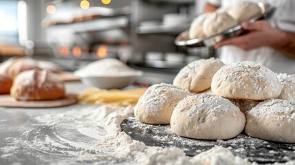 Freshly made bread rolls, dusted with flour and arranged on a kitchen countertop, symbolize warmth, comfort, and the joy of baking in a home-like atmosphere.