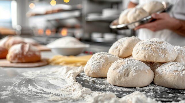 Freshly made bread rolls, dusted with flour and arranged on a kitchen countertop, symbolize warmth, comfort, and the joy of baking in a home-like atmosphere.